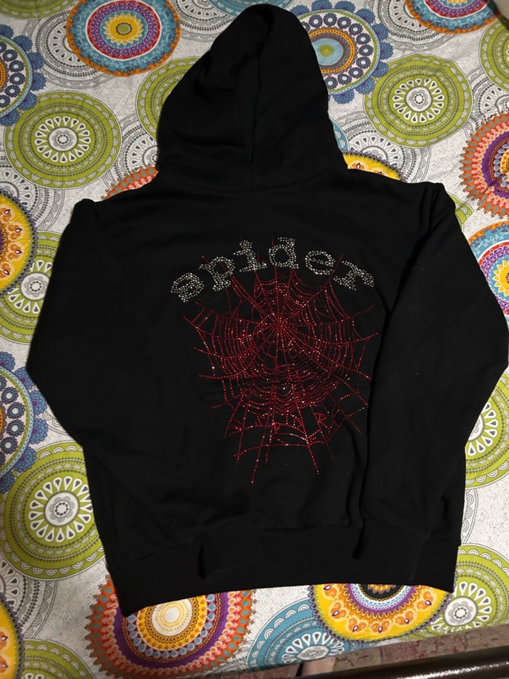 Authentic Black Sp5ider Hoodie with Red Spiderweb Rhinestones